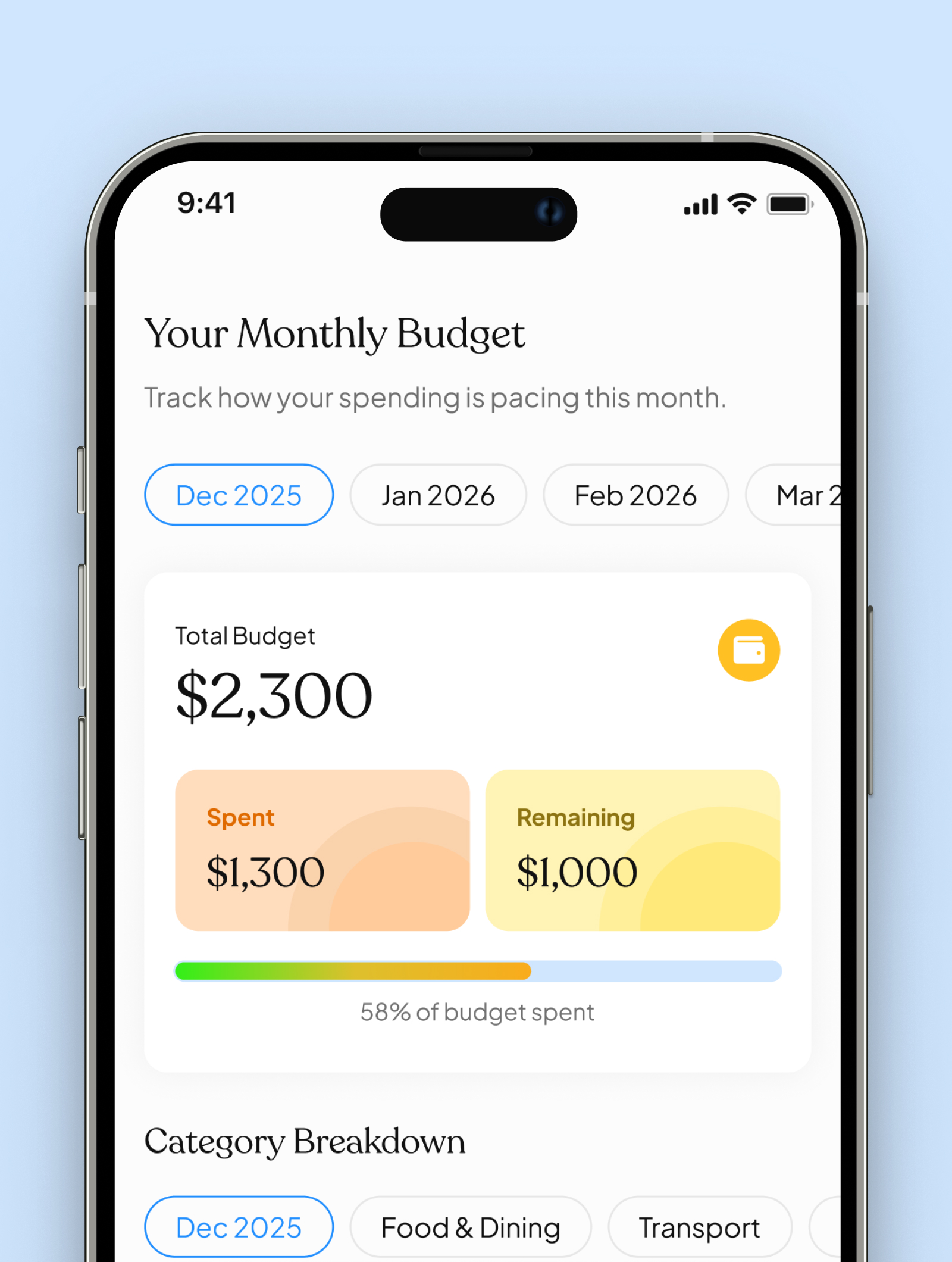 App screenshot: spending insights overview